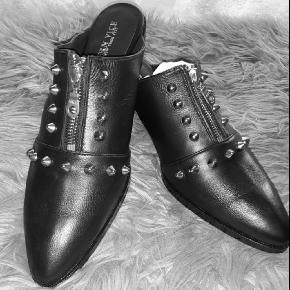 Modern Vice Vicious Black Italian Leather Studded Mules Goth Punk Industrial - Picture 8 of 11